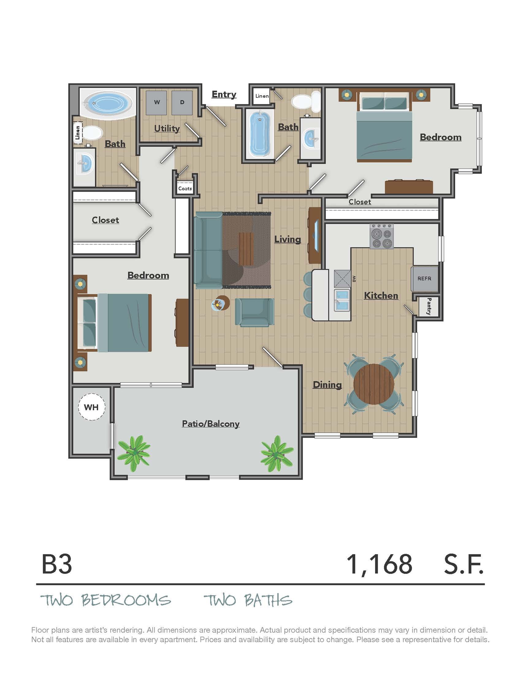Modern B3 floor plan showcasing 2 spacious bedrooms, sleek kitchen, open living and dining area, and two luxurious baths totaling 1168 sq ft. Includes a generous patio, perfect for outdoor relaxation.