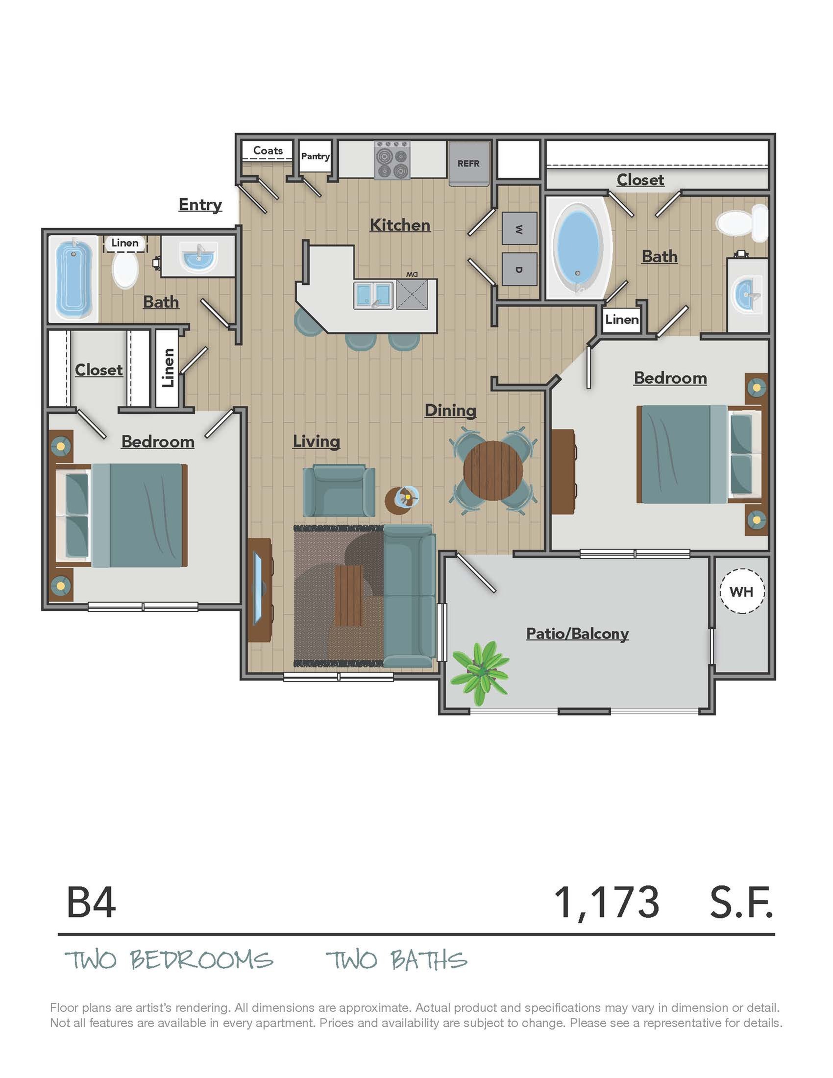 Modern B4 floor plan featuring two spacious bedrooms, two luxurious baths, an open kitchen layout with dining area, cozy living room, and a large patio/balcony, covering 1,173 sq ft.