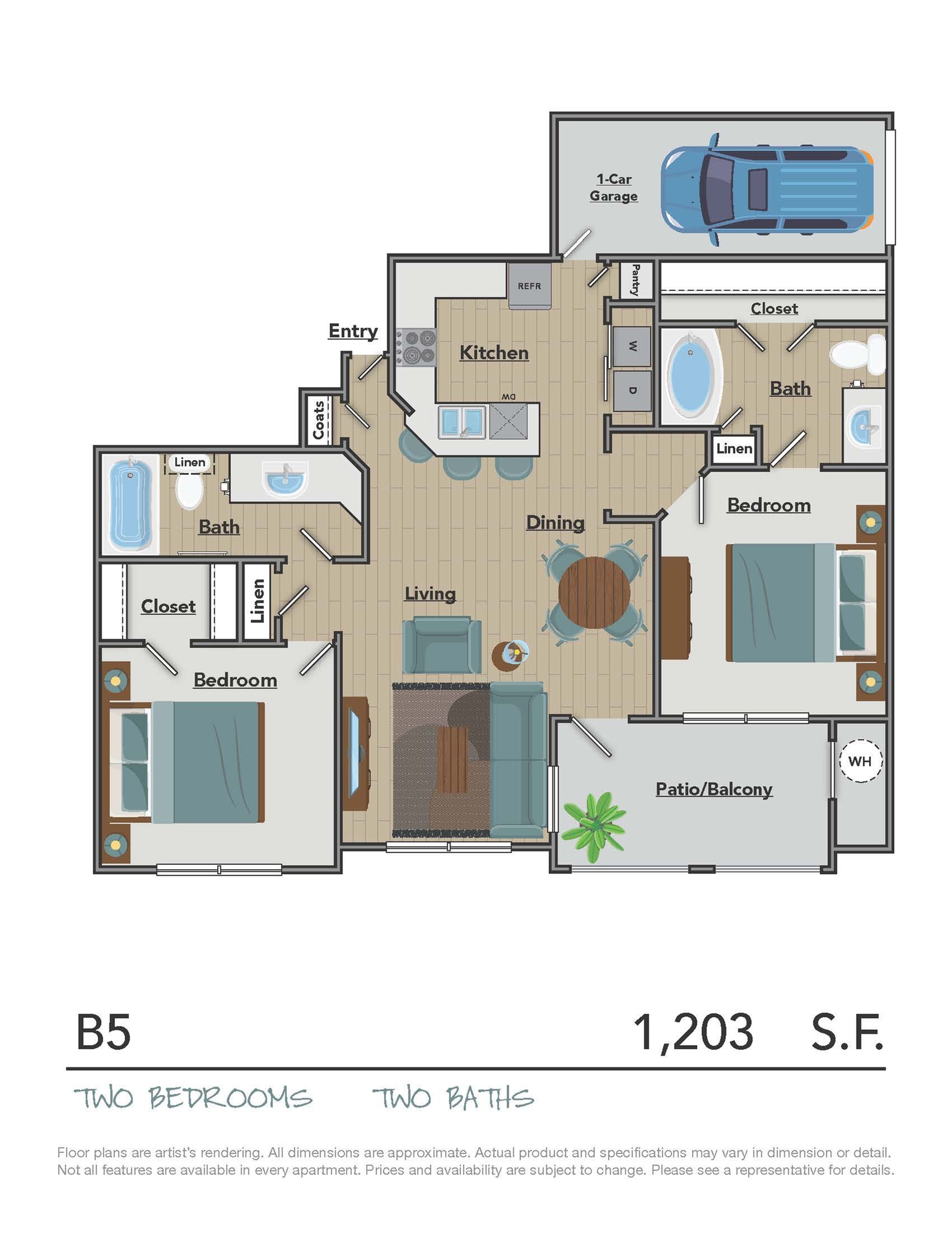 Modern B5 floor plan featuring two bedrooms, two baths, a spacious living area, and a sleek kitchen with a breakfast bar. Includes a cozy patio/balcony and a one-car garage, totaling 1,203 square feet of stylish living space.