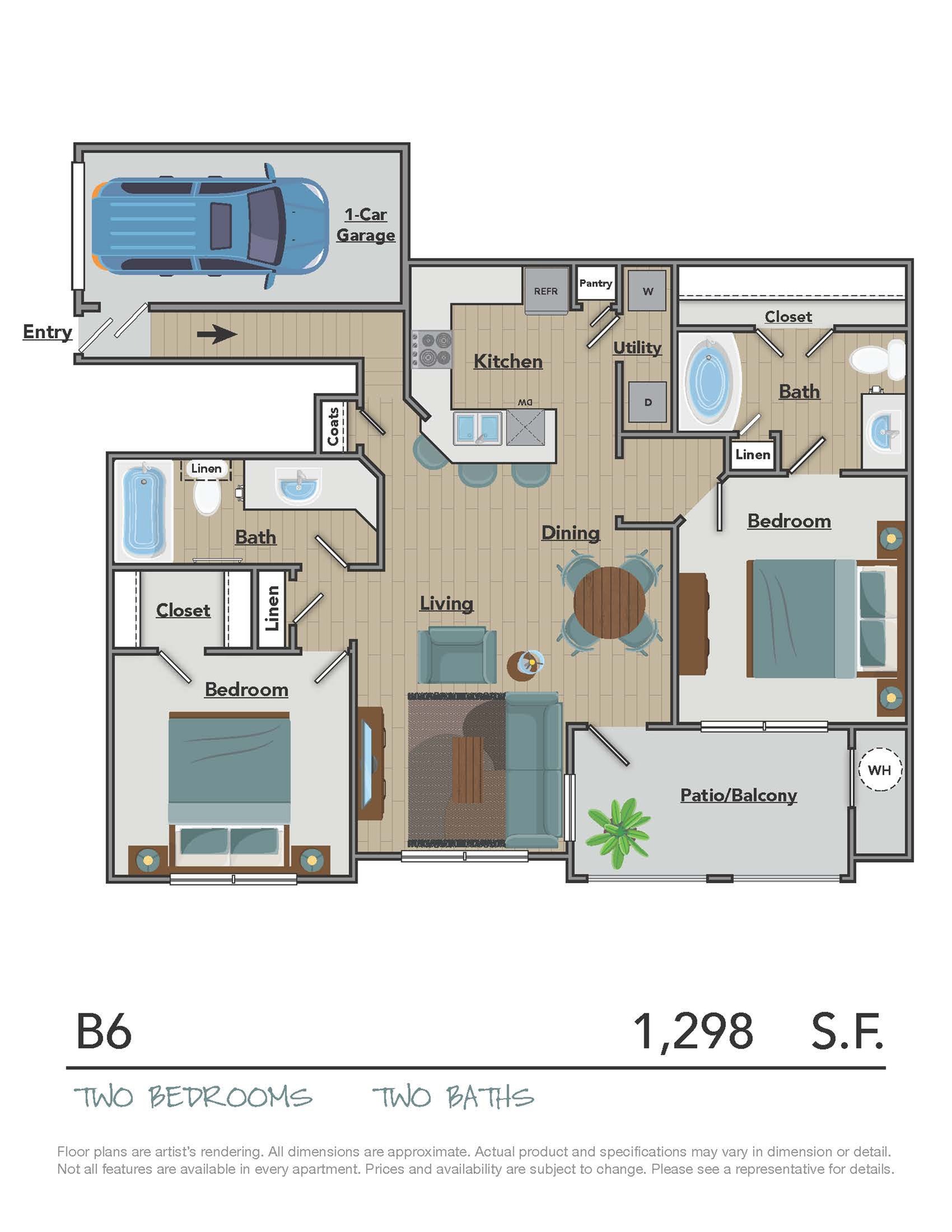 Inviting B6 floor plan showcasing 1,298 sq ft with 2 bedrooms, 2 bathrooms, stylish kitchen, cozy living area, and a private patio/balcony. Includes a convenient 1-car garage.