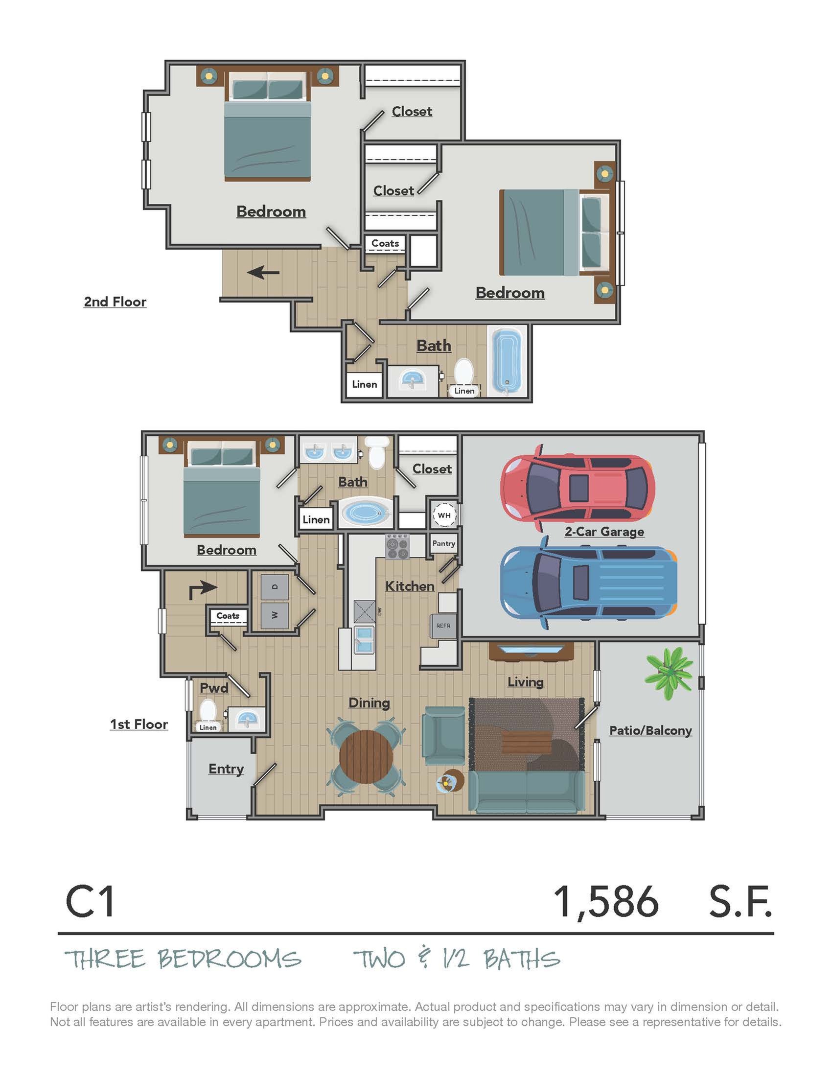 Elegant two-story floor plan featuring three bedrooms, two and a half baths, a stylish open-concept dining and living area, a modern kitchen, and a spacious two-car garage. Includes a charming patio/balcony for outdoor enjoyment.