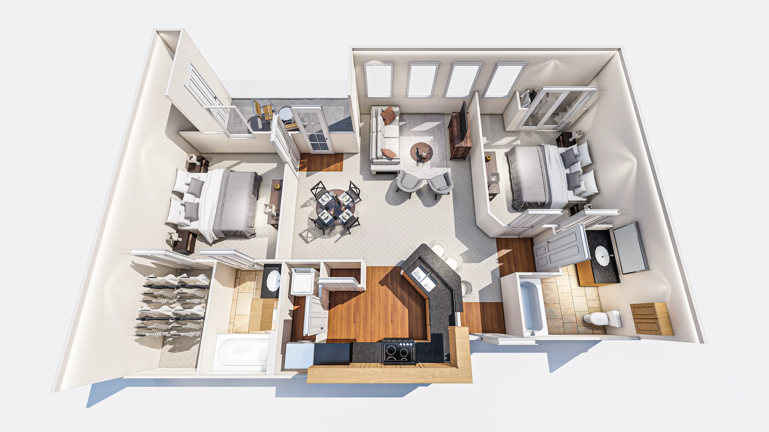 Spacious two-bedroom apartment floor plan with open kitchen, living area, and two bathrooms featuring modern amenities.