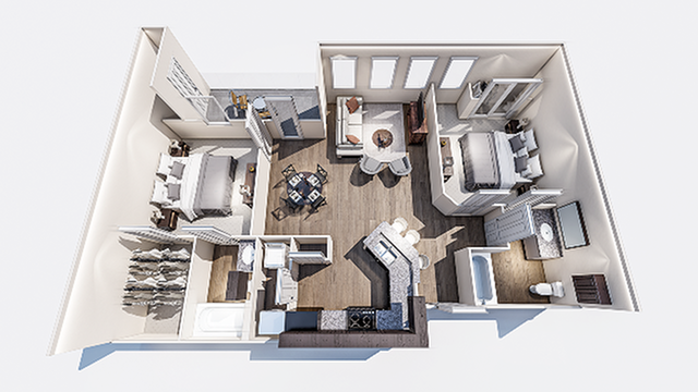 Modern apartment floor plan with 2 bedrooms, stylish kitchen, and spacious living area, showcasing elegant design and optimal space utilization.
