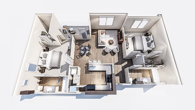 Spacious 3D floor plan of a contemporary 2-bedroom apartment with open-plan kitchen, living room, and two bathrooms.
