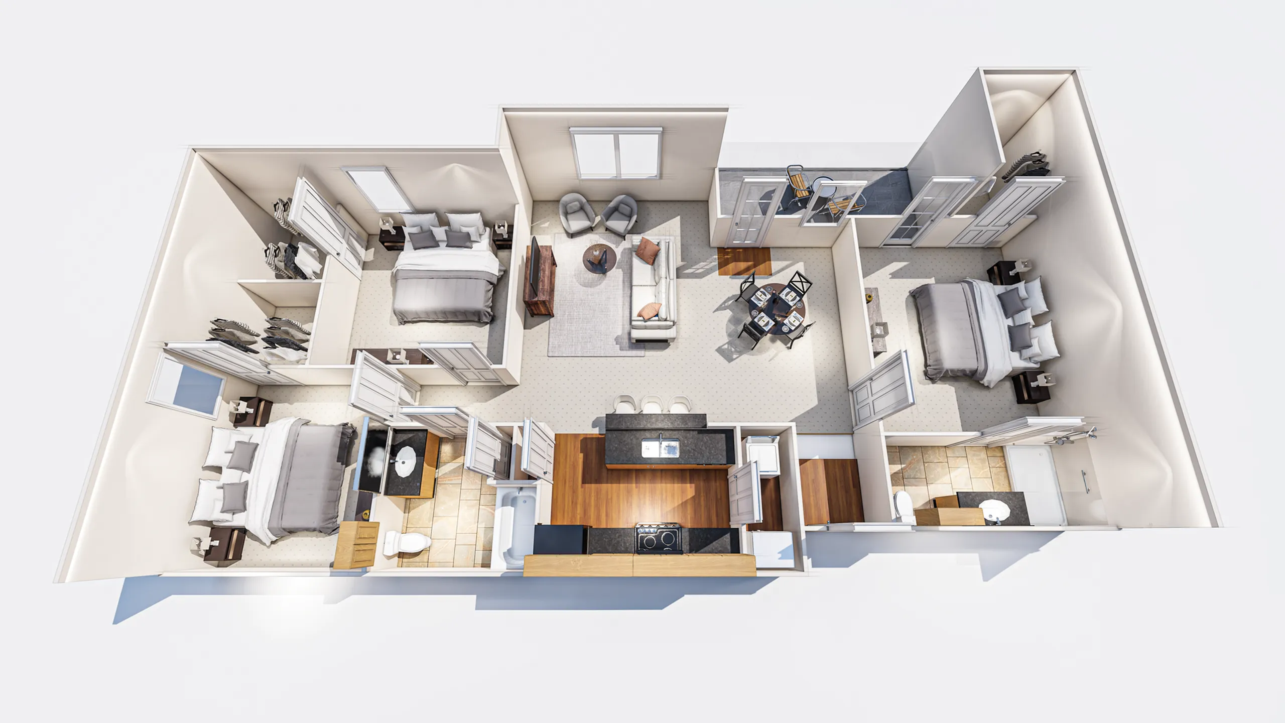 Modern 3D floor plan of a spacious two-bedroom apartment featuring an open living area, contemporary kitchen, and two elegant bathrooms.