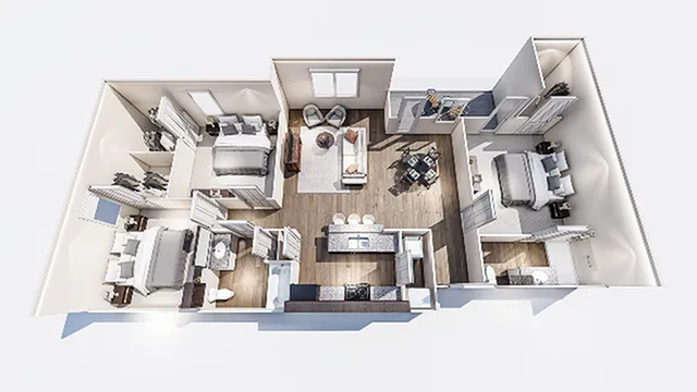 Spacious and elegant 3D apartment floor plan with two bedrooms, cozy living area, modern kitchen, and stylish bathrooms.