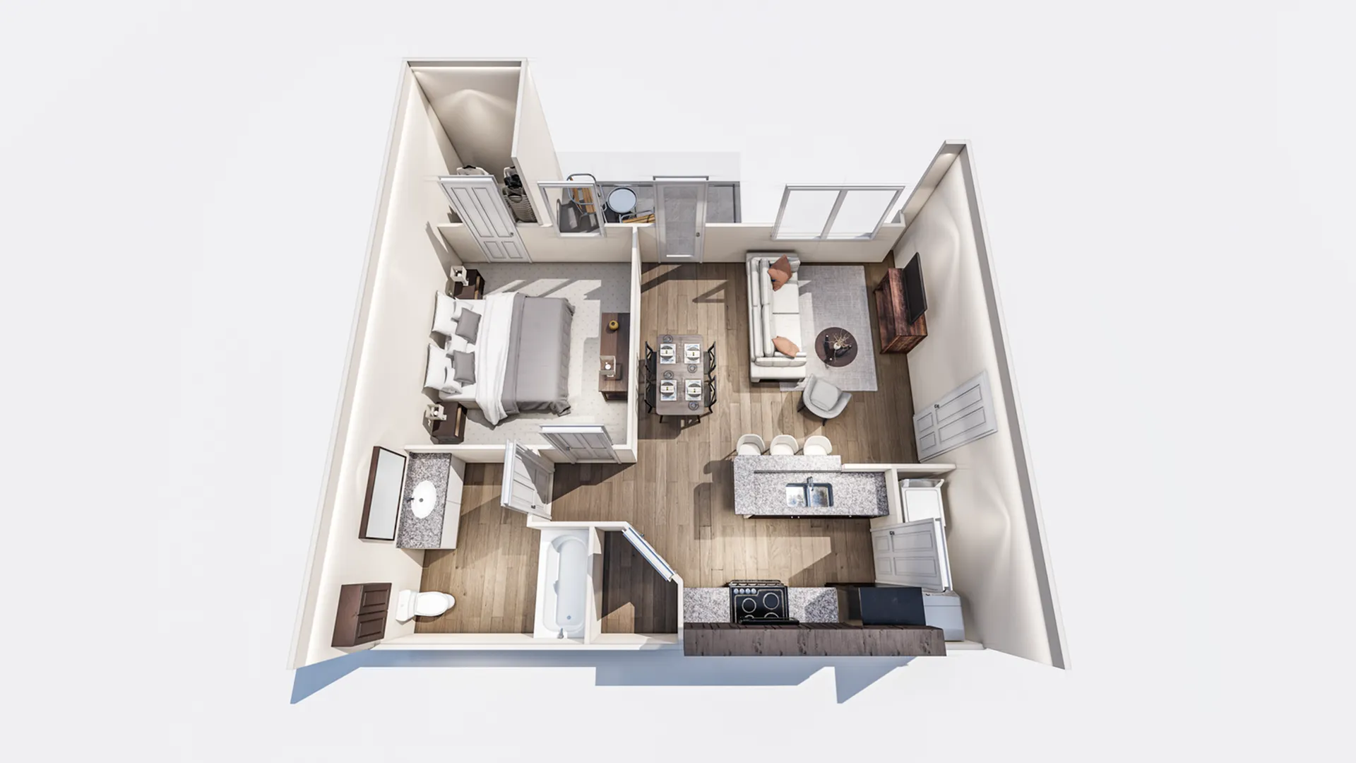 Contemporary one-bedroom apartment floor plan with open living room, kitchen, and bathroom layout.