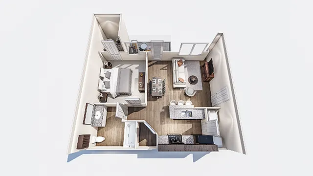Bright and modern one-bedroom apartment floor plan with open kitchen and spacious living area.