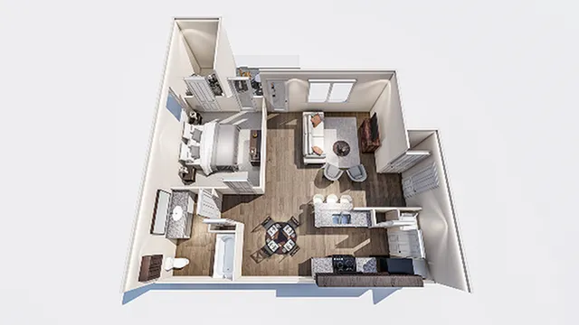 3D floor plan rendering of a cozy one-bedroom apartment featuring a spacious living room, modern kitchen, and stylish bathroom.