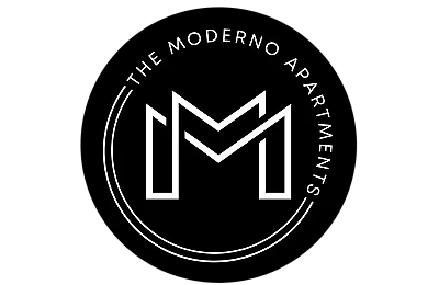 Sleek and modern logo for The Moderno Apartments, featuring a stylized 'M' in a circular design.