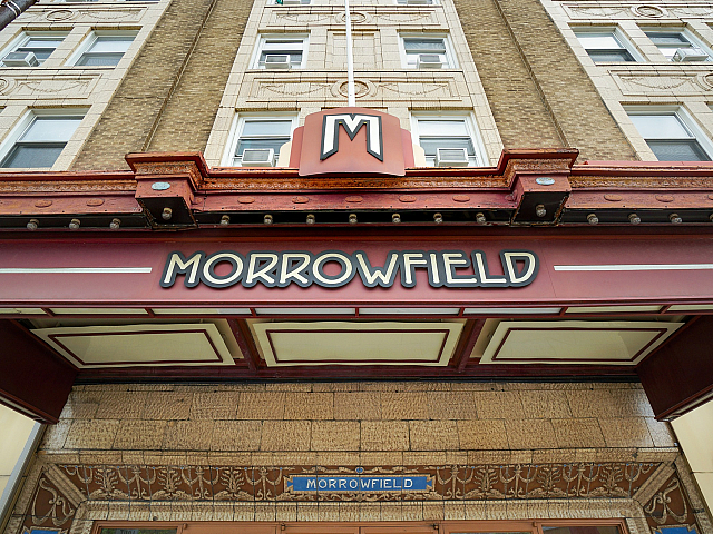 Elegant facade of the historic Morrowfield building, featuring classic architectural details and intricate stonework.