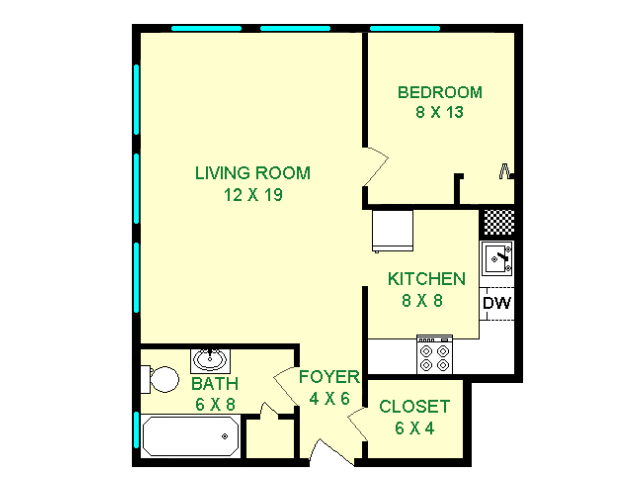 Floor plan of Artena unit, roughly 500 square feet, Featuring living room, bedroom, kitchen, bathroom, and foyer closet.