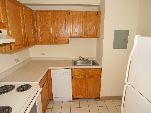 LeBaron unit kitchen, with cream walls and beige tile flooring. Wooden cabinets, refrigerator, stove, oven, dishwasher, and sink.