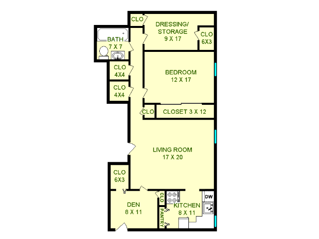 Floor plan of Talbot unit, roughly 925 square feet. Featuring living room, kitchen, den, bedroom, dressing room, and bathroom.