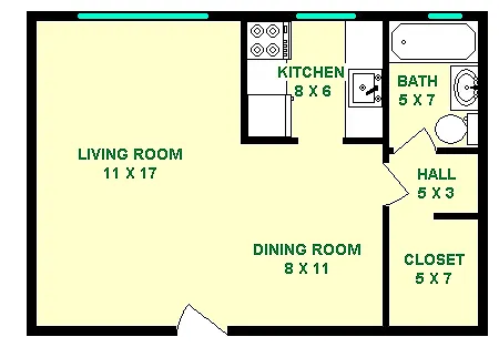 Emerson Floorplan showing roughly 425 Square Feet, A Living Room, Dining Room, and Kitchen are shown in this studio, as well as a hall leading to the bathroom and walk-in Closet