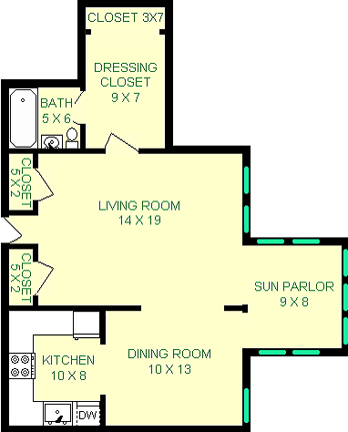 Hot Metal Studio floorplan shows roughly 670 square feet, with a dressing closet, bathroom, kitchen, dining room, sun parlor and Living Room.