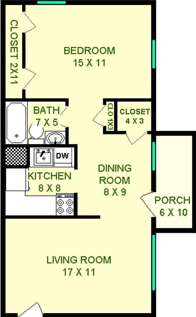 Armstrong Floorplan shows roughly 595 Square Feet, with a living room, dining room, porch, bathroom kitchen and bedroom.