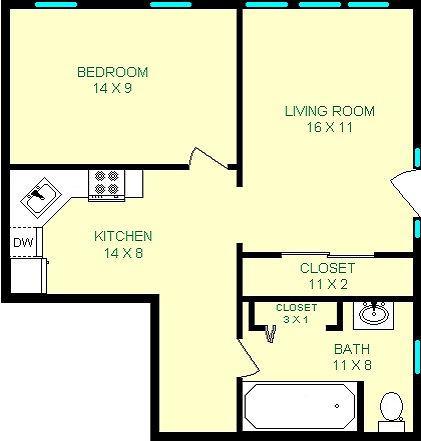 Mansfield one bedroom floorplan shows bedroom, living room, Kitchen, bath and closet