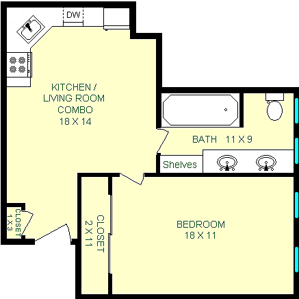 Tenth Street One Bedroom Floorplan shows roughly 600 square feet with a kitchen living room combination, bathroom and bedroom. Closets are also shown.