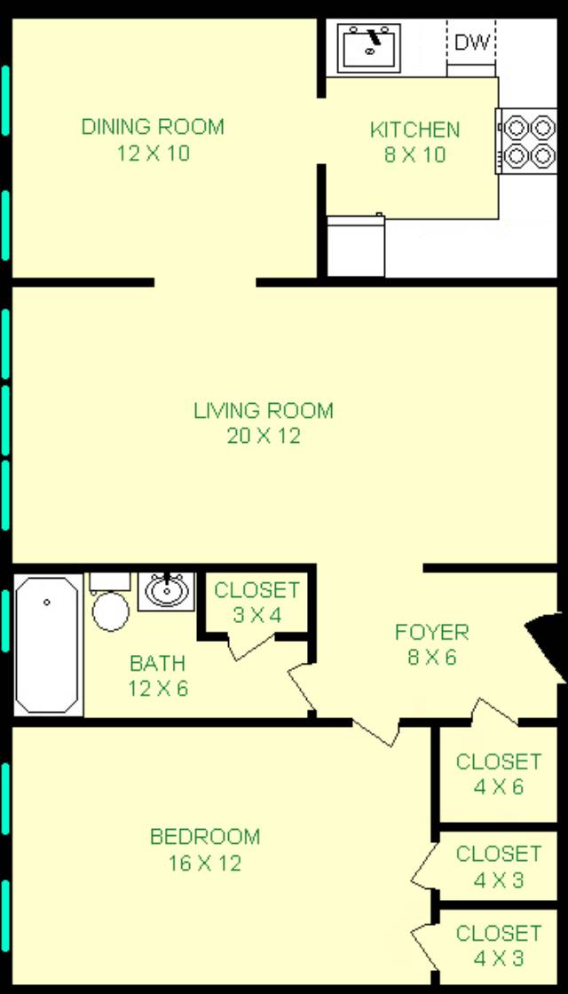 Sewickley Floorplan shows roughly 741 square feet, foyer, bedroom, bathroom, dining room and a kitchen. Multiple closets are shown as well.