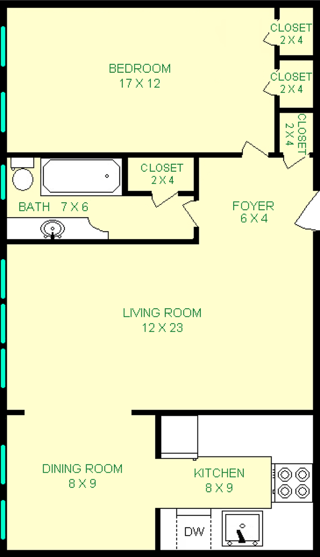 Mosside one bedroom floorplan shows roughly 760 square feet, with a bedroom, bathroom, living room, dining room kitchen, and multiple closets.