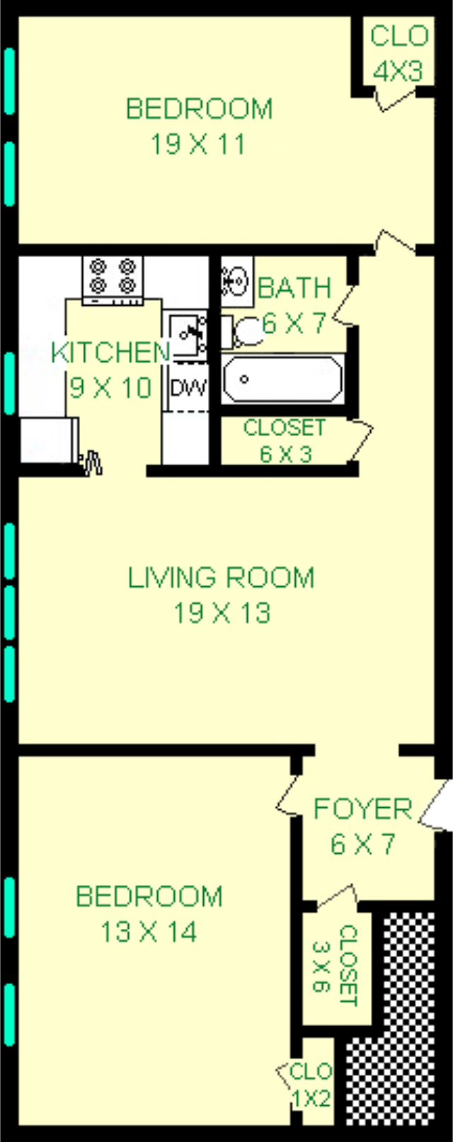 Hulton Two bedroom unit shows roughly 912 square feet, with two bedrooms, a living room, kitchen and bathroom.