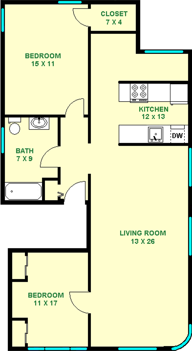 Two Bedroom Marigold Floorplan shows roughly 1015 square feet with two bedrooms a bathroom, kitchen and closets.