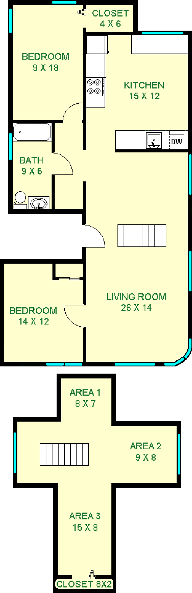 Muscari Two Bedroom floorplan shows 1175 square feet, with two bedrooms, a living room, kitchen, bathroom kitchen and additional loft