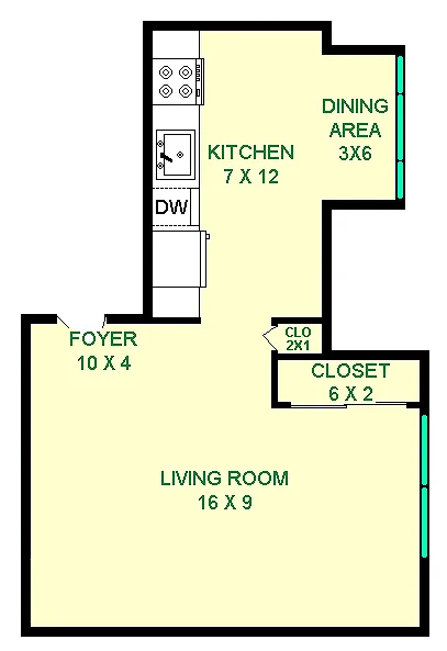 Aclea studio Floorplan shows roughly 305 square feet Living Room, Kitchen, and Dining Area. There are two closets shown.