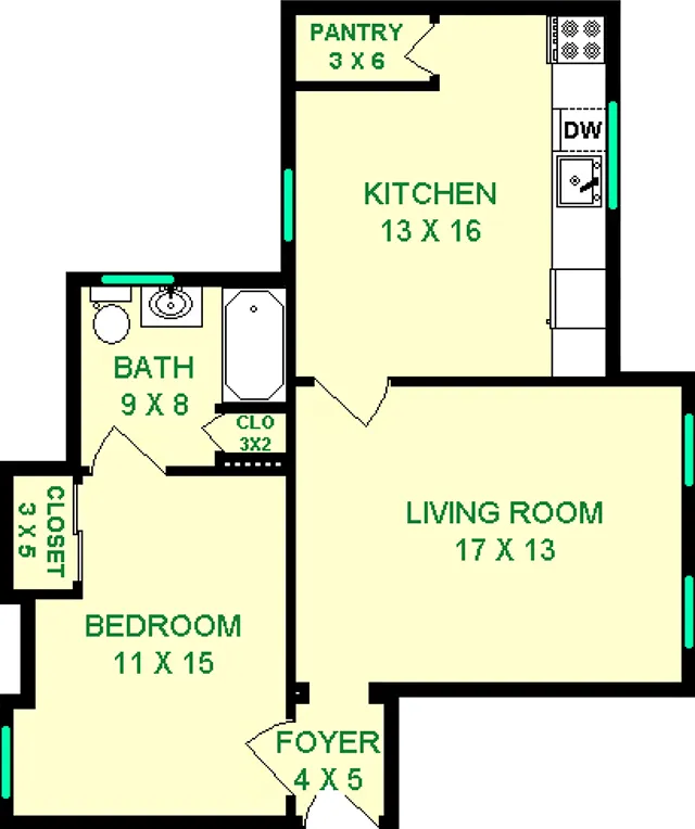 Astilbe one bedroom floorplan shows roughly 700 Square Feet there is a living room, kitchen, bathroom, bedroom, two closets a pantry and a foyer.