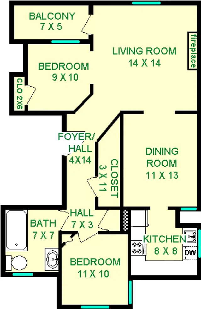 Holly two bedroom floorplan shows roughly 750 square feet, with two bedrooms, a foyer/hall, living room, dining room, bathroom and kitchen. A Balcony is shown as well.