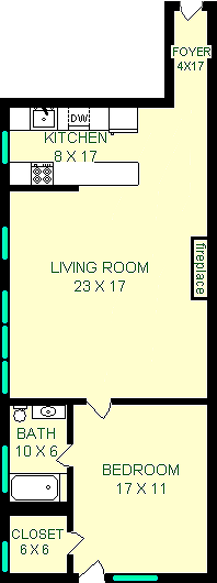 Walnut One Bedroom floorplan shows roughly 825 square feet with a bedroom, bathroom, living room, closet kitchen and foyer.