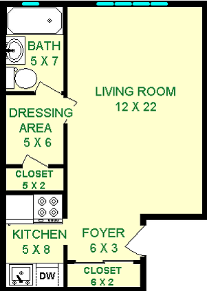 Stoker Studio Floorplan shows roughly 370 square feet, with a livign room, bathroom, dressing area, and a kitchen