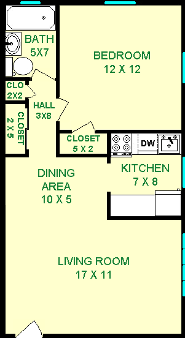 Shelley One Bedroom floorplan shows roughly 558 square feet with a bedroom, bathroom, living room, dining area, kitchen and closets.