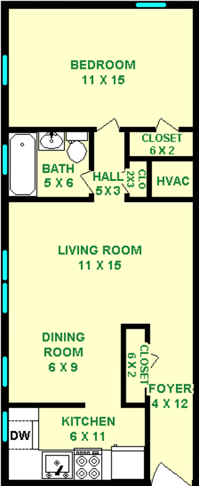 Harrier One Bedroom floorplan shows roughly 585 square feet, with a bedroom, living room, dining room, foyer kitchen, bathroom and hall.