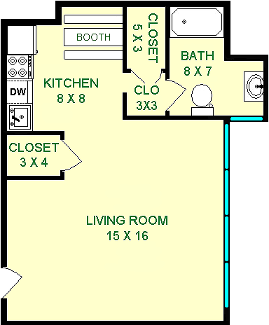 Aspen studio floorplan shows roughly 430 square feet with a living room, kitchen, bathroom and closets.