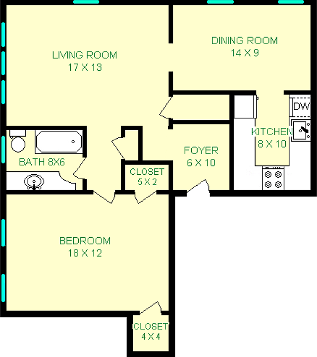 Rankin one bedroom floorplan shows roughly 810 square feet, kitchen, dining room, living room, bedroom and a bathroom. Multiple closets are shown