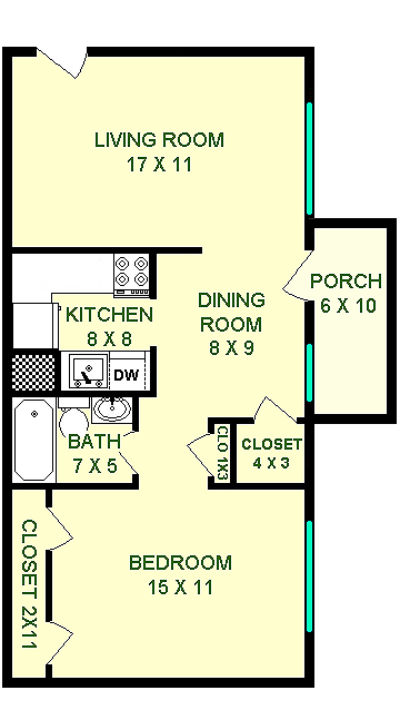 Liberty one bedroom floorplan shows roughly 595 square feet with a living room, a bedroom, a bathroom, a dining room, a kitchen and a balcony.