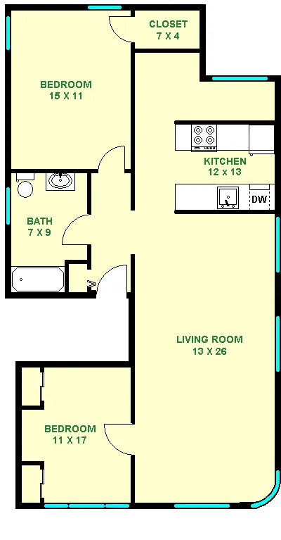 Two Bedroom Marigold Floorplan shows roughly 1015 square feet with two bedrooms a bathroom, kitchen and closets.