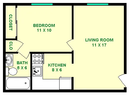 Cozy floor plan showcasing a 1-bedroom apartment with a spacious living room, efficient kitchen, and a functional bathroom layout.