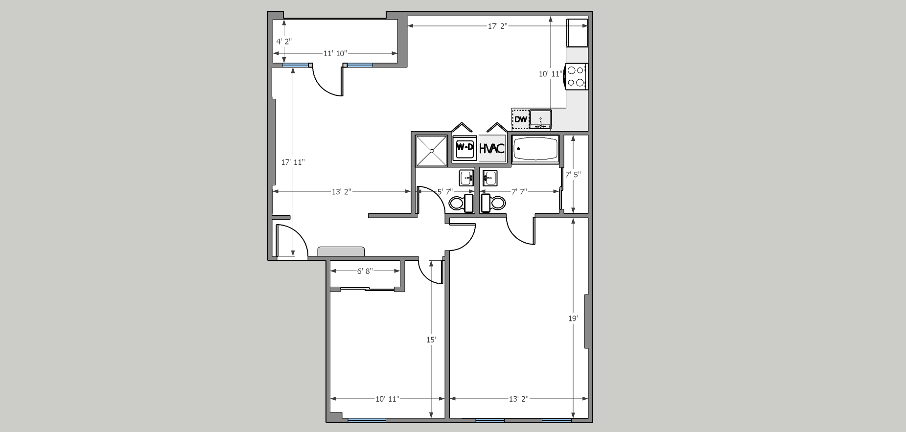 Modern floor plan showcasing a spacious 2-bedroom, 2-bathroom layout with an open living area, sleek kitchen.