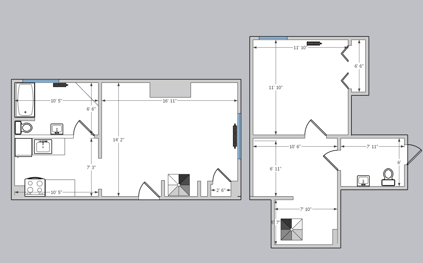 Modern 2D floor plan showcasing a spacious 1-bedroom layout with an open living area, kitchen, and two well-designed bathrooms, perfect for comfortable living.
