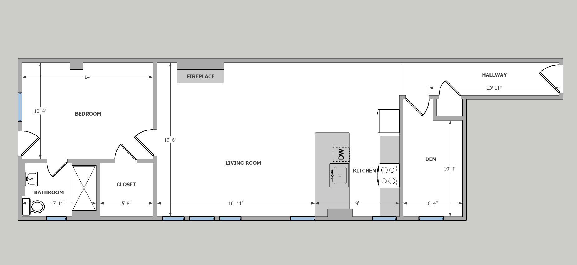 Floor plan showcasing a spacious bedroom, cozy den, and elegant living room with fireplace, featuring a stylish kitchen area.