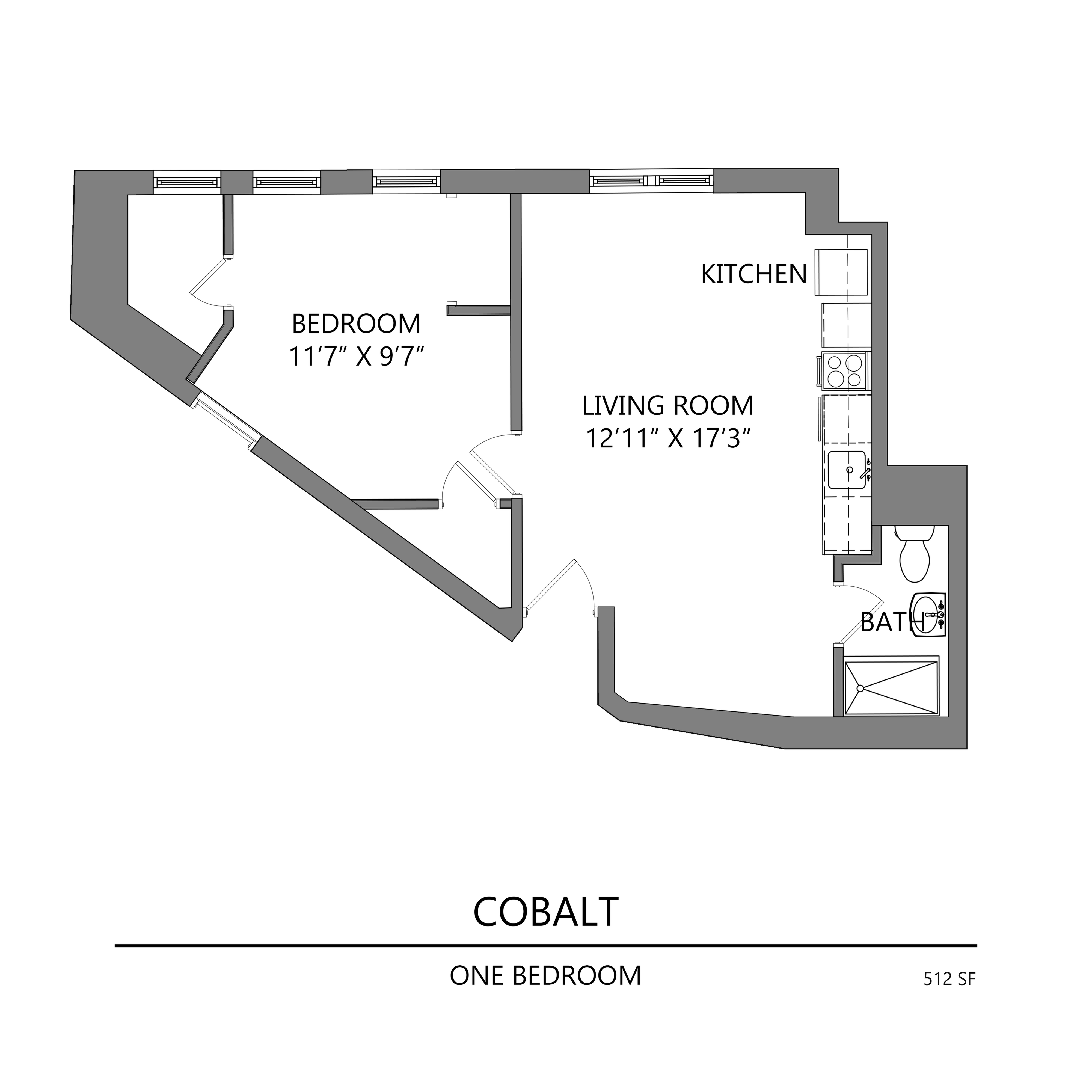 Cobalt floor plan boasting a cozy one-bedroom layout, spacious living room, kitchen, and bath, totaling 512 sq ft.
