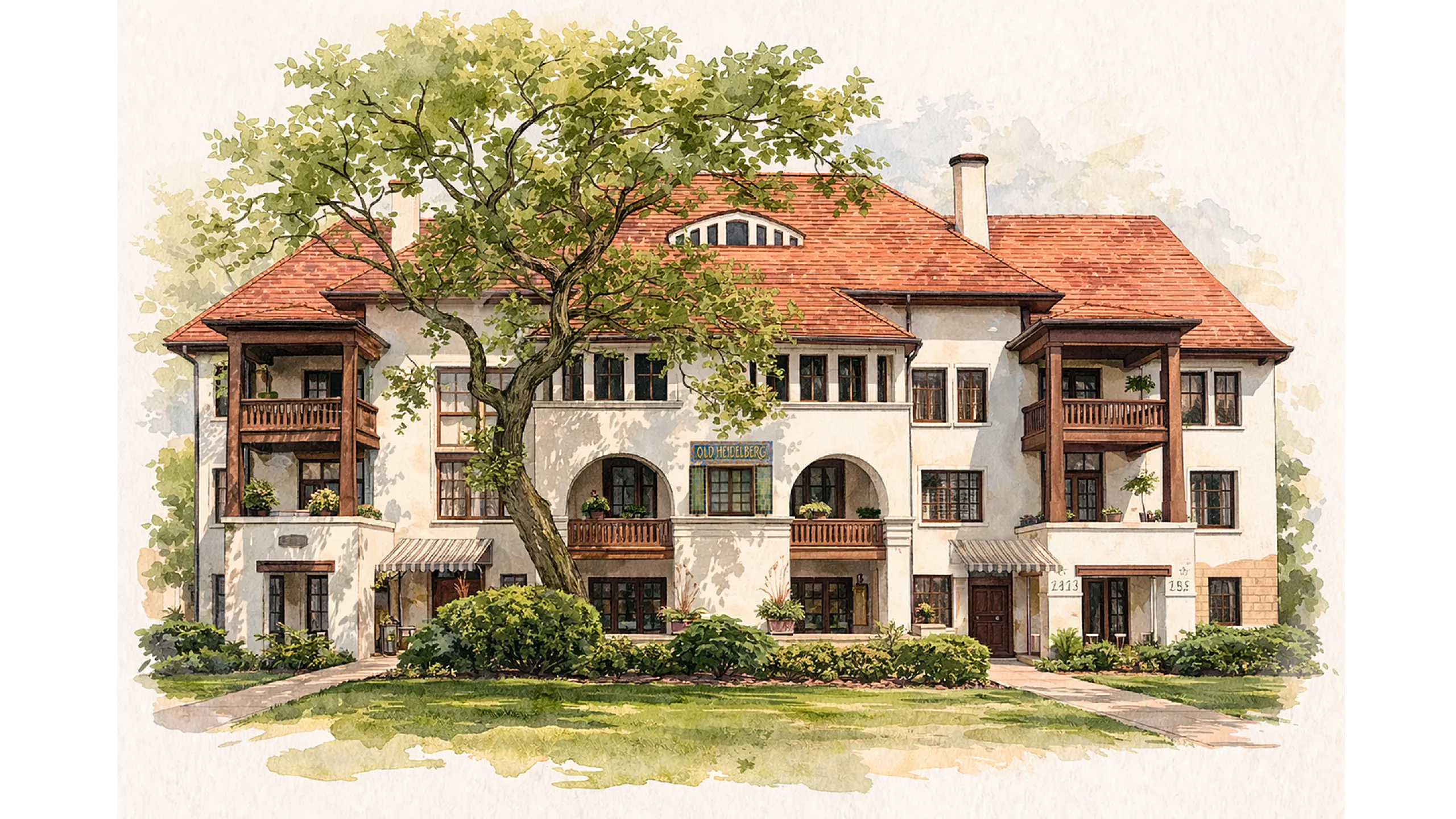 Charming three-story building with elegant arches and red-tiled roof, nestled among lush greenery, showcasing timeless architectural beauty.