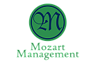 Elegant Mozart Management logo with a green circle and stylized blue 'M' in the center, enhancing brand identity.