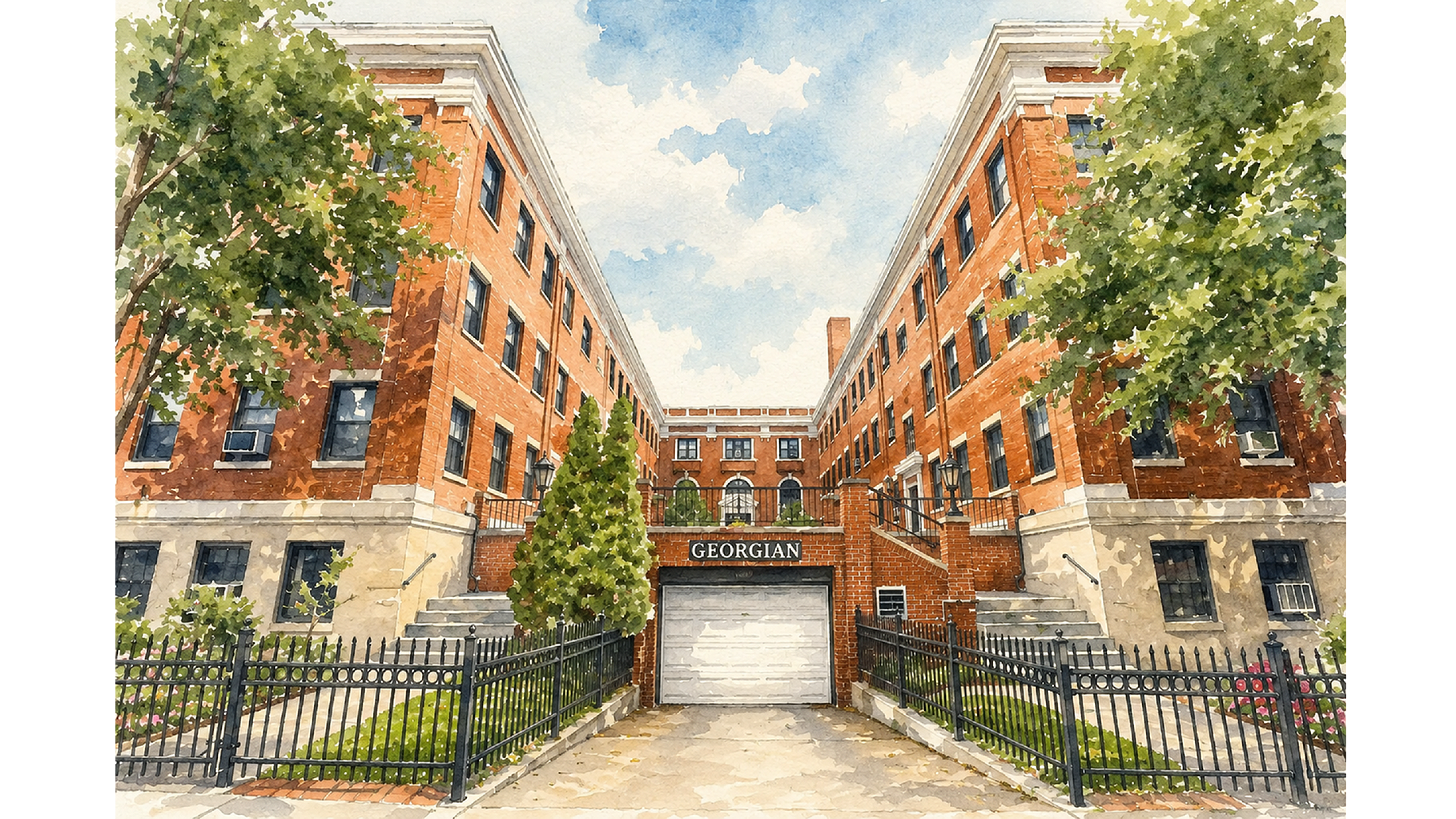 Charming red-brick apartment complex with classic architecture, lush greenery, and inviting entryways.