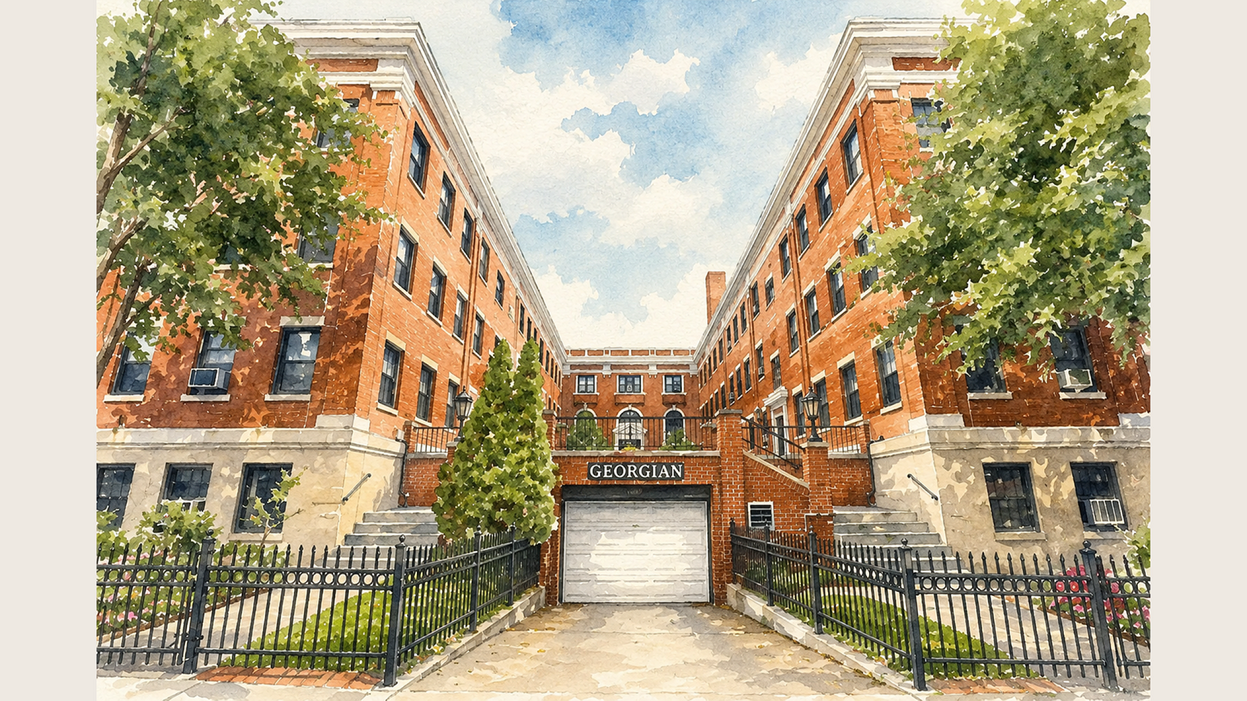 Charming brick apartment complex with classic architectural design, lush greenery, and inviting entryway.