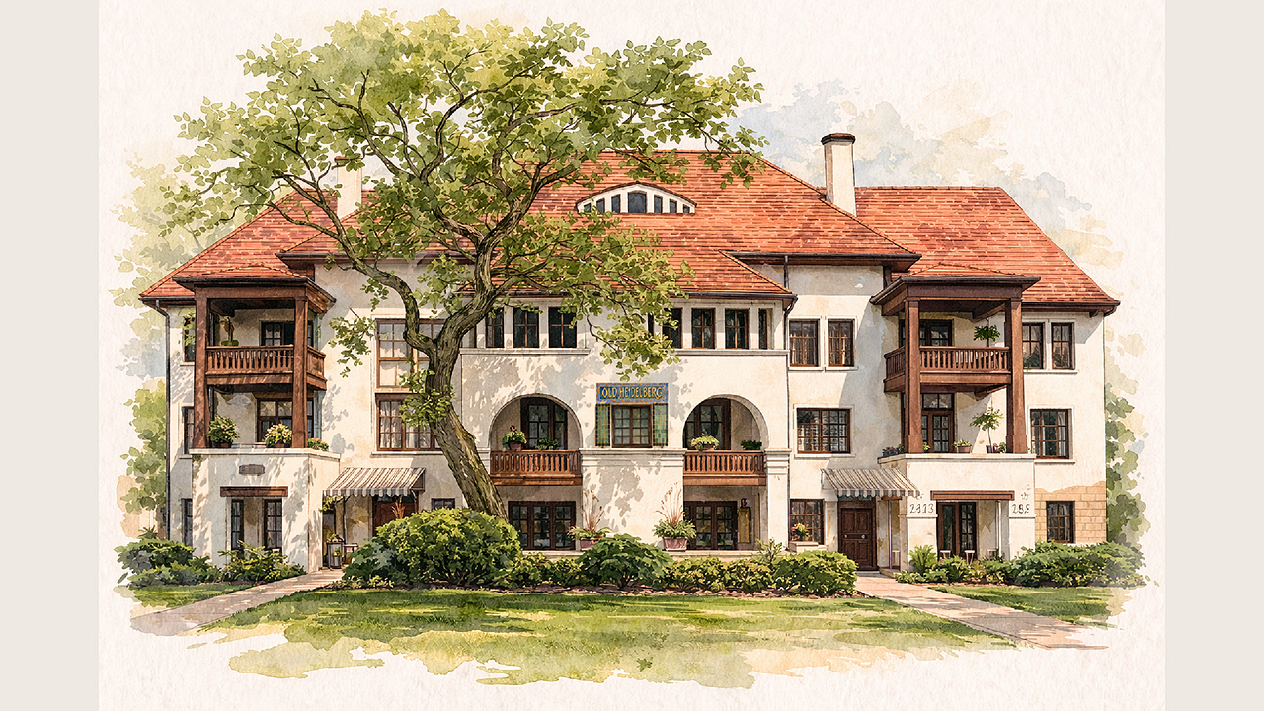 Charming apartment building with elegant balconies and lush greenery, highlighted by a classic, inviting facade.