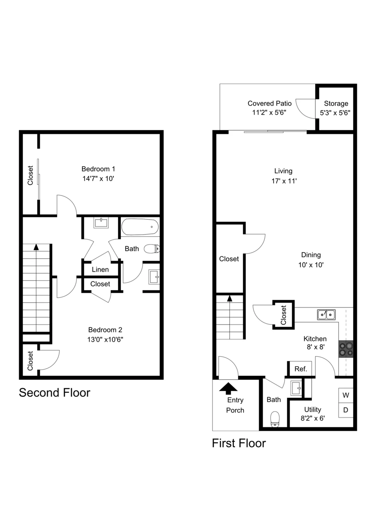 Charming two-story floor plan featuring 2 bedrooms, 1.5 baths, and a cozy living area with covered patio access.